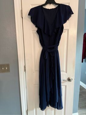 BloomChic Navy Ruffle Wrap Maxi Dress